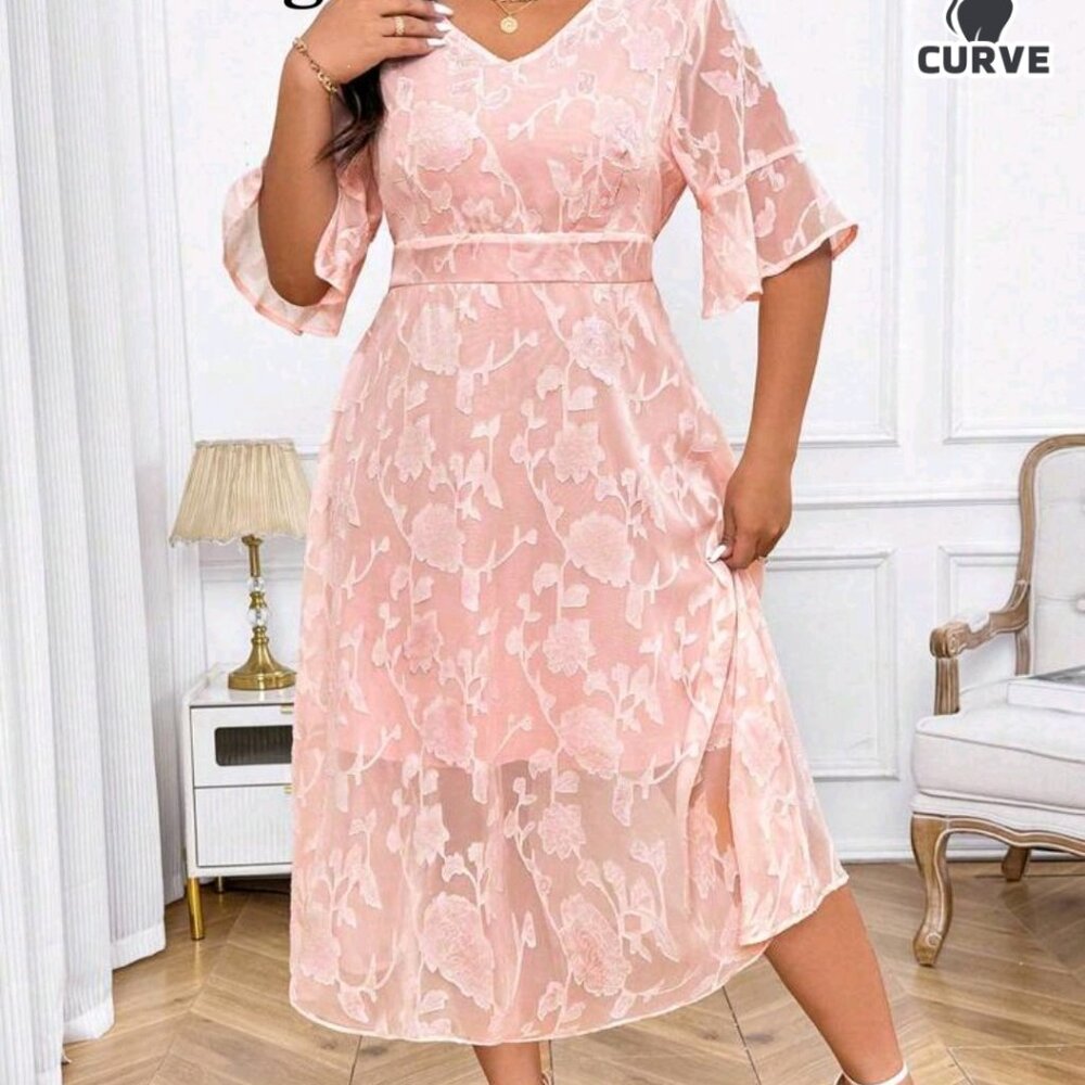 Plus Jacquard Flounce Sleeve Midi Dress - Picture 7 of 9
